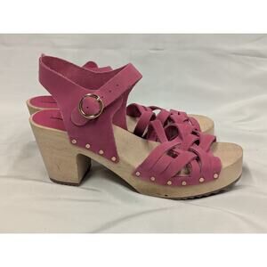 LOFT Ann Taylor Hot Pink Leather Platform Wood Clog Sandals Womens Sz 6